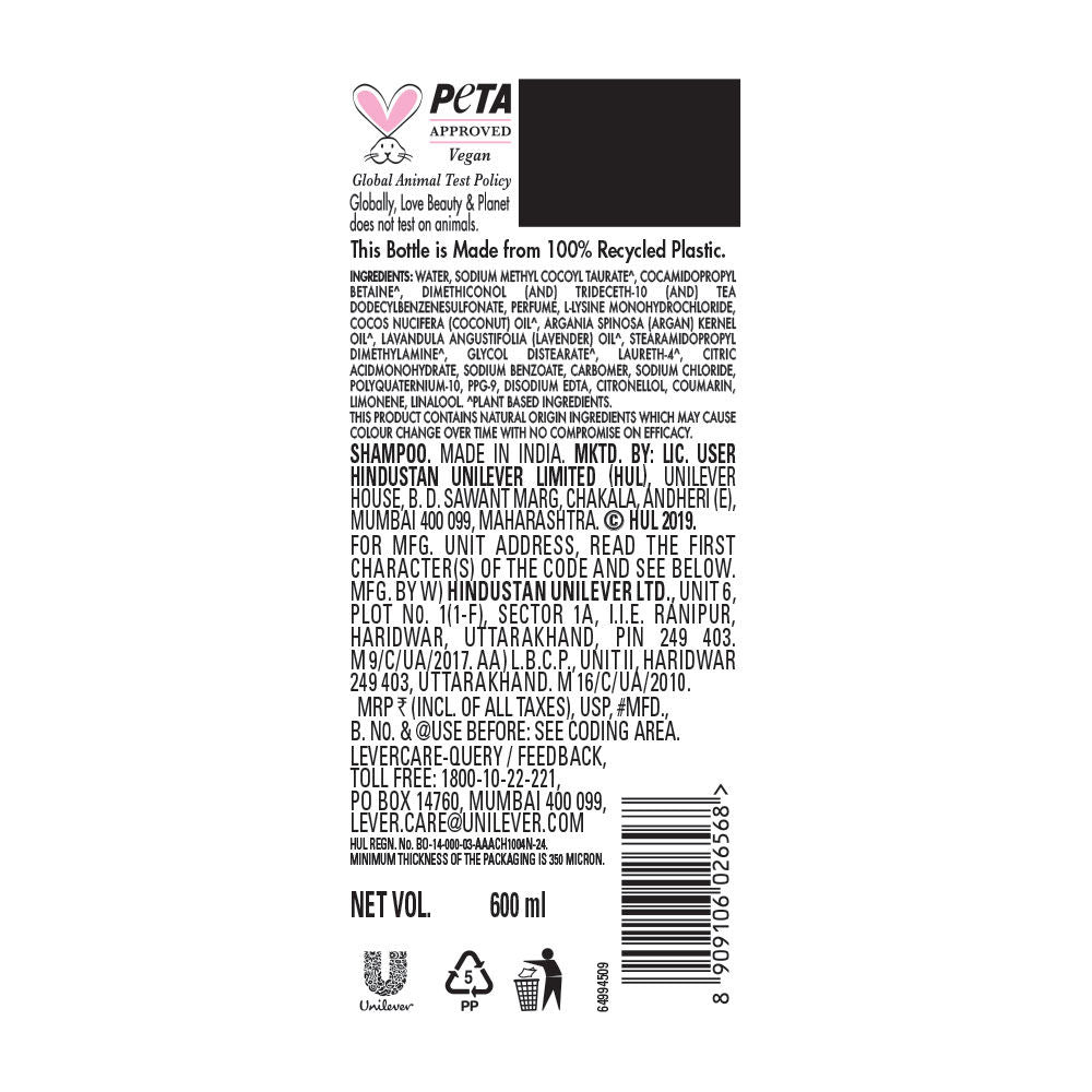 Love Beauty & Planet Argan Oil And Lavender Sulfate Free Smooth And Serene Shampoo
(600ml)