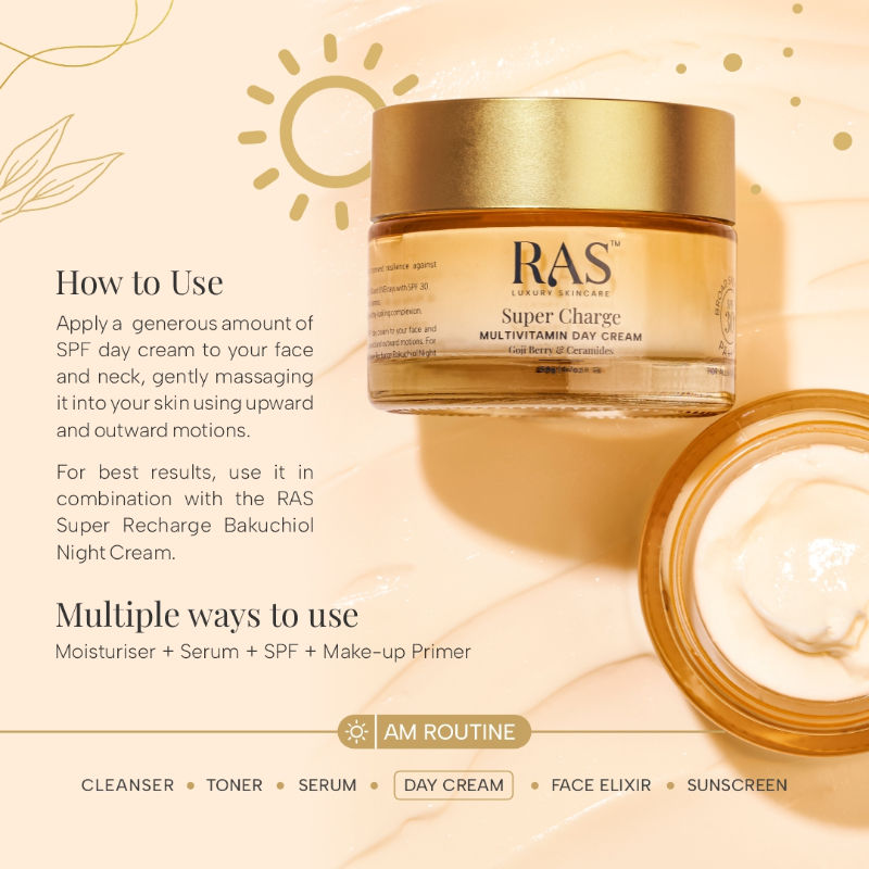 RAS Luxury Oils Super Charge Day Cream With Multivitamin Spf 30 Pa++++ Reduces Dark Spots
(50 g)