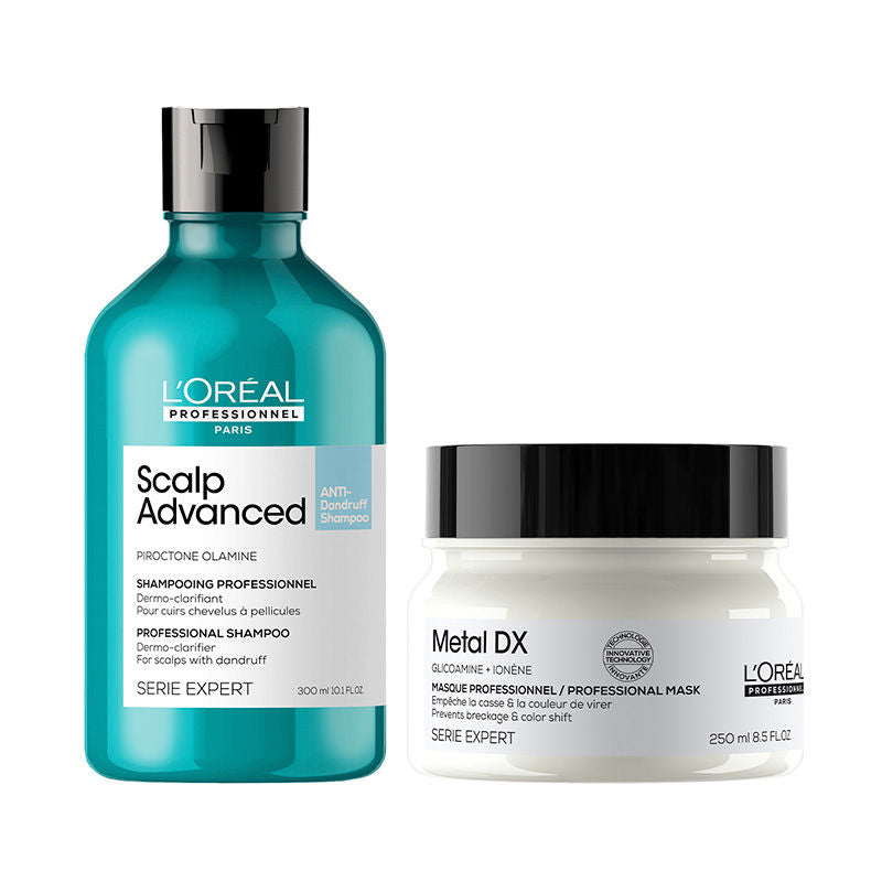 L'Oreal Professionnel Scalp Advanced Anti-Dandruff Dermo-Clarifier Shampoo + Metal Dx Hair Mask
(2pcs)