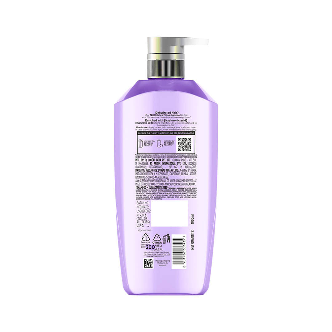 LOreal Paris Hyaluron Moisture Anti-frizz Shampoo With Hyaluronic Acid For 72 HR Dehydrated Hair
(1L)