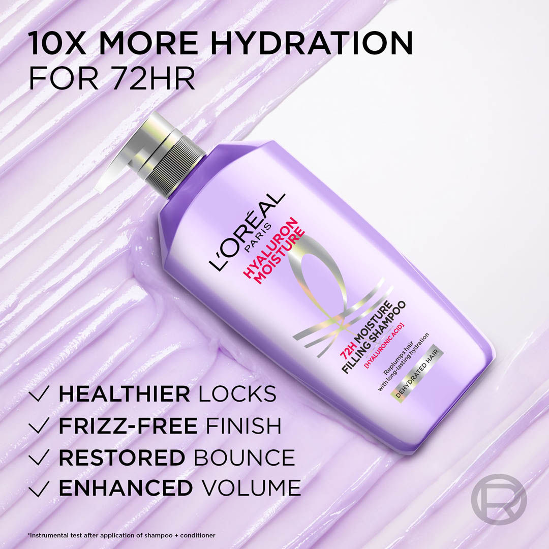 LOreal Paris Hyaluron Moisture Anti-frizz Shampoo With Hyaluronic Acid For 72 HR Dehydrated Hair
(1L)